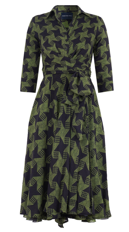 Olivia Dress Shirt Collar 3/4 Sleeve Midi Length Wool Musola (Dogstooth Weaves Multi) - Sepia Green