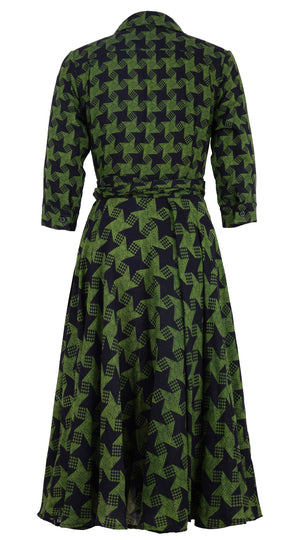 Olivia Dress Shirt Collar 3/4 Sleeve Midi Length Wool Musola (Dogstooth Weaves Multi) - Sepia Green