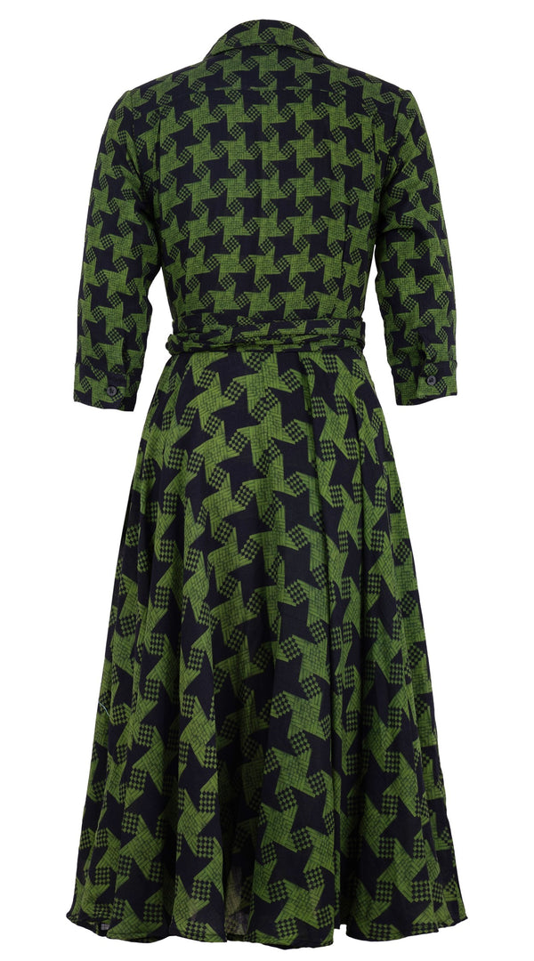 Olivia Dress Shirt Collar 3/4 Sleeve Midi Length Wool Musola (Dogstooth Weaves Multi) - Sepia Green