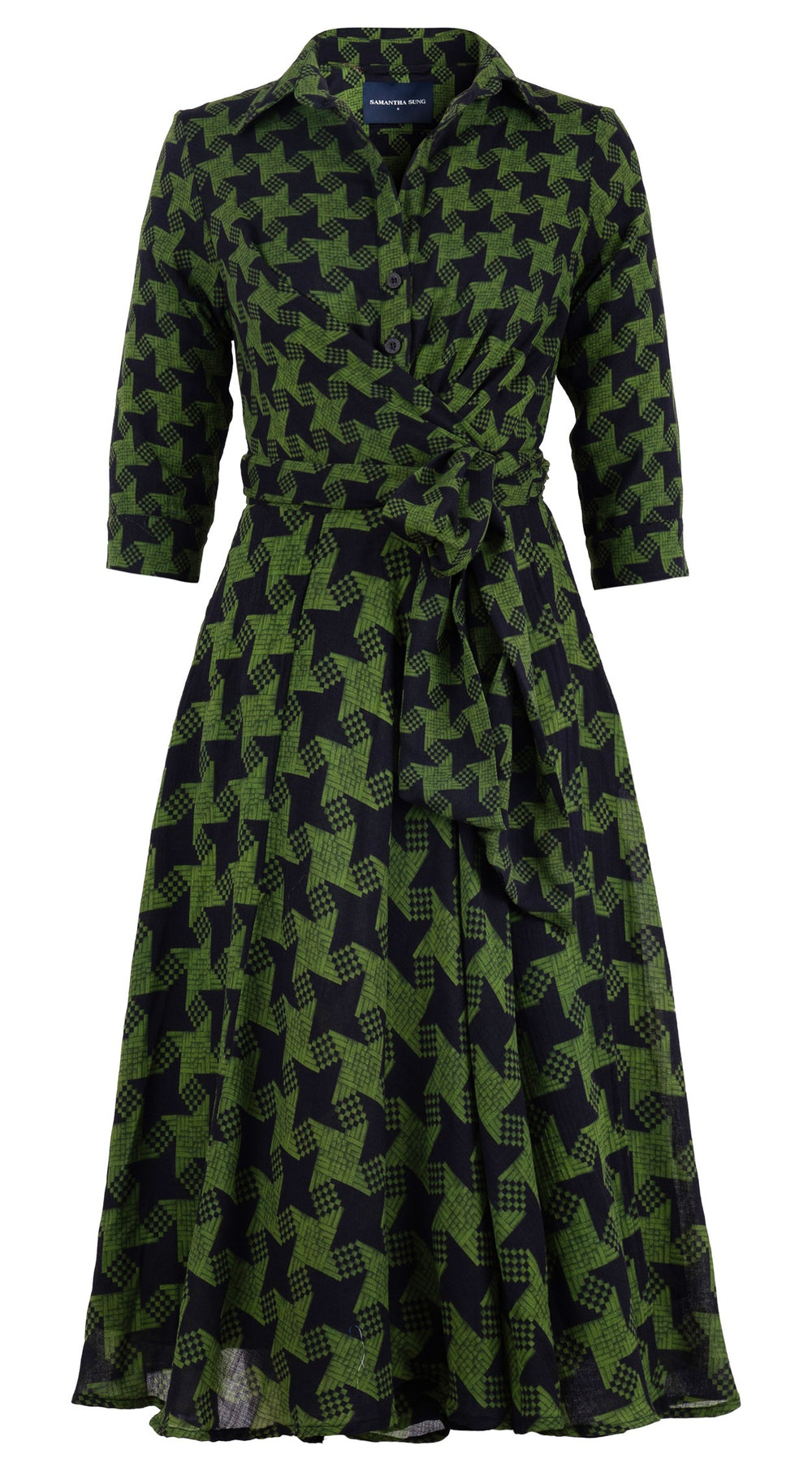 Olivia Dress Shirt Collar 3/4 Sleeve Midi Length Wool Musola (Dogstooth Weaves Multi) - Sepia Green