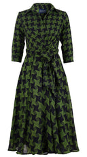 Olivia Dress Shirt Collar 3/4 Sleeve Midi Length Wool Musola (Dogstooth Weaves Multi) - Sepia Green