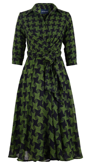 Olivia Dress Shirt Collar 3/4 Sleeve Midi Length Wool Musola (Dogstooth Weaves Multi) - Sepia Green