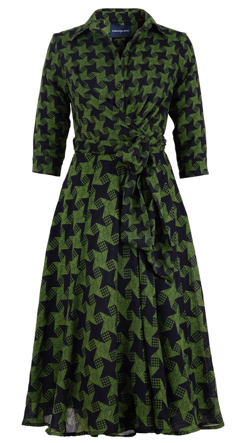 Olivia Dress Shirt Collar 3/4 Sleeve Midi Length Wool Musola (Dogstooth Weaves Multi) - Sepia Green