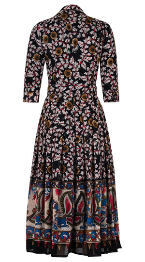 Audrey Dress #4 Shirt Collar 3/4 Sleeve Midi Plus Length Wool Musola (Dupattas Bird) - Black Multi