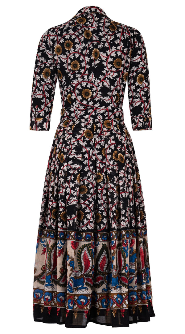 Audrey Dress #4 Shirt Collar 3/4 Sleeve Midi Plus Length Wool Musola (Dupattas Bird) - Black Multi