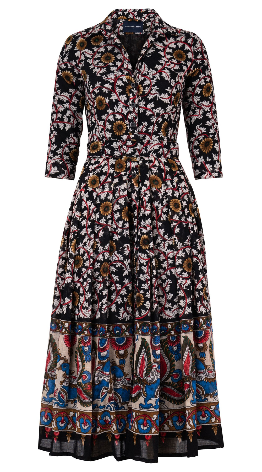Audrey Dress #4 Shirt Collar 3/4 Sleeve Midi Plus Length Wool Musola (Dupattas Bird) - Black Multi