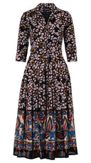 Audrey Dress #4 Shirt Collar 3/4 Sleeve Midi Plus Length Wool Musola (Dupattas Bird) - Black Multi
