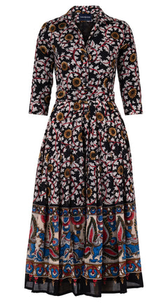 Audrey Dress #4 Shirt Collar 3/4 Sleeve Midi Plus Length Wool (Dupattas Bird) - Black Multi
