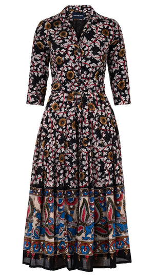 Audrey Dress #4 Shirt Collar 3/4 Sleeve Midi Plus Length Wool Musola (Dupattas Bird) - Black Multi