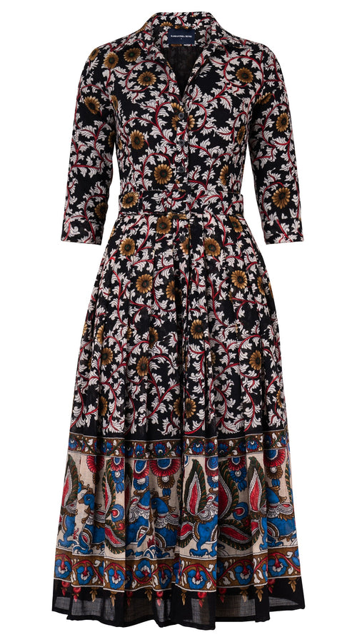 Audrey Dress #4 Shirt Collar 3/4 Sleeve Midi Plus Length Wool Musola (Dupattas Bird) - Black Multi