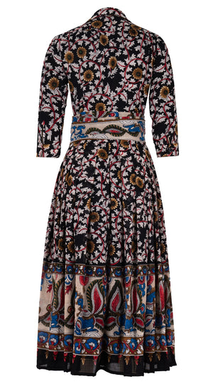 Audrey Dress #4 Shirt Collar 3/4 Sleeve Midi Plus Length Wool Musola (Dupattas Bird) - Black Multi