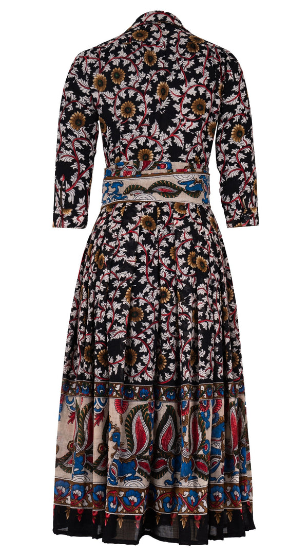 Audrey Dress #4 Shirt Collar 3/4 Sleeve Midi Plus Length Wool Musola (Dupattas Bird) - Black Multi