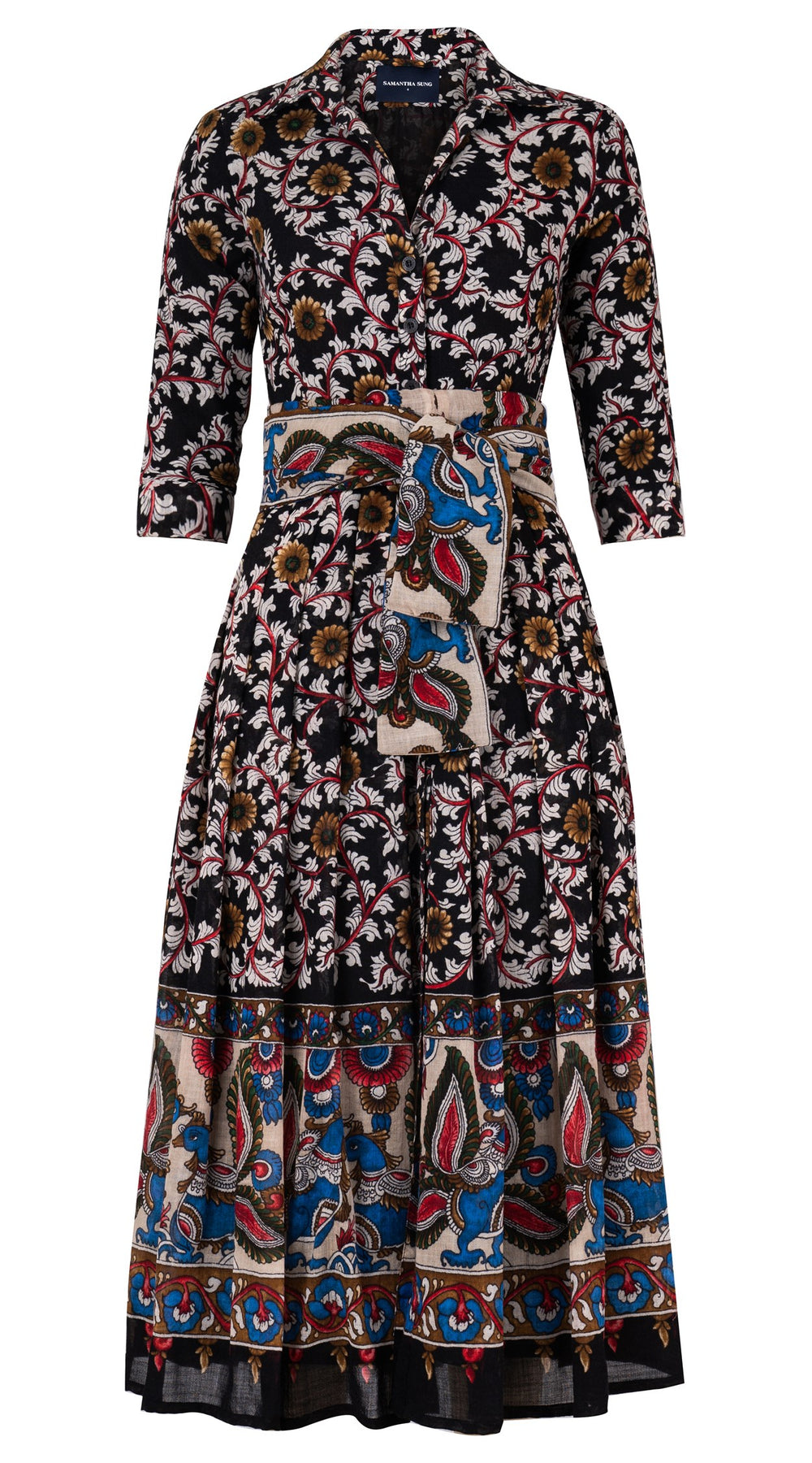 Audrey Dress #4 Shirt Collar 3/4 Sleeve Midi Plus Length Wool (Dupattas Bird) - Black Multi