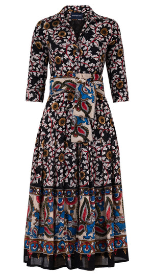 Audrey Dress #4 Shirt Collar 3/4 Sleeve Midi Plus Length Wool Musola (Dupattas Bird) - Black Multi