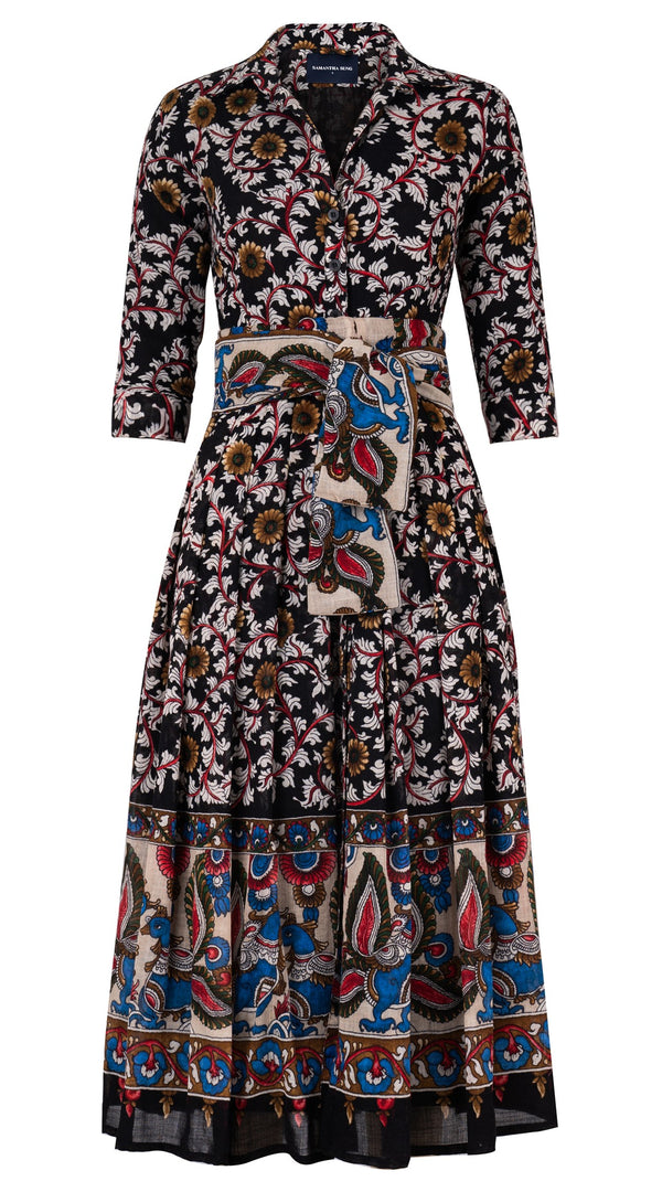 Audrey Dress #4 Shirt Collar 3/4 Sleeve Midi Plus Length Wool Musola (Dupattas Bird) - Black Multi