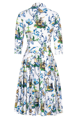 Audrey Dress #2 Shirt Collar 3/4 Sleeve Long Length Cotton Stretch (Eastern Paisley Flower)