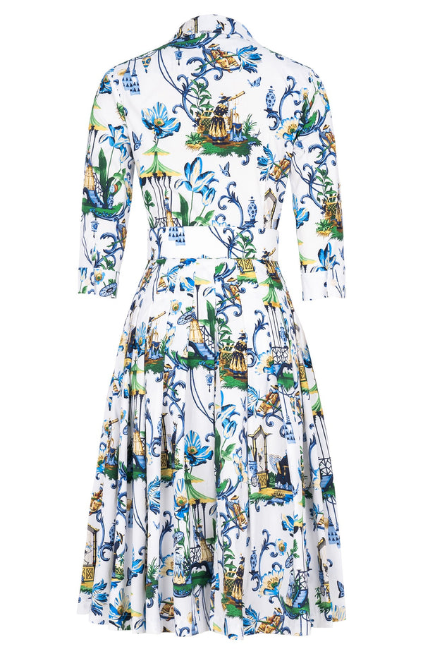 Audrey Dress #2 Shirt Collar 3/4 Sleeve Long Length Cotton Stretch (Eastern Paisley Flower)