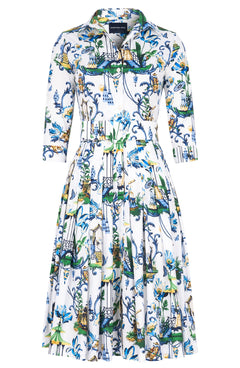 Audrey Dress #2 Shirt Collar 3/4 Sleeve Long Length Cotton Stretch (Eastern Paisley Flower)