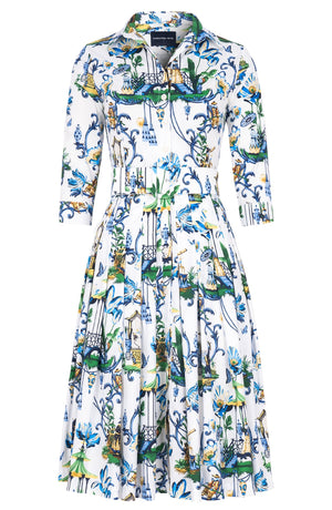 Audrey Dress #2 Shirt Collar 3/4 Sleeve Long Length Cotton Stretch (Eastern Paisley Flower)
