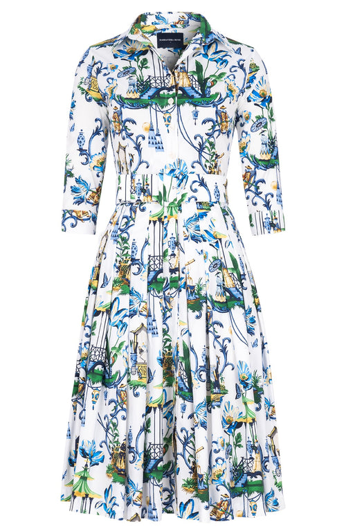 Audrey Dress #2 Shirt Collar 3/4 Sleeve Long Length Cotton Stretch (Eastern Paisley Flower)