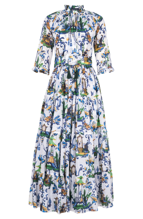 Eva Dress Crew Neck 3/4 Sleeve Maxi Length Cotton Musola (East Moon White)