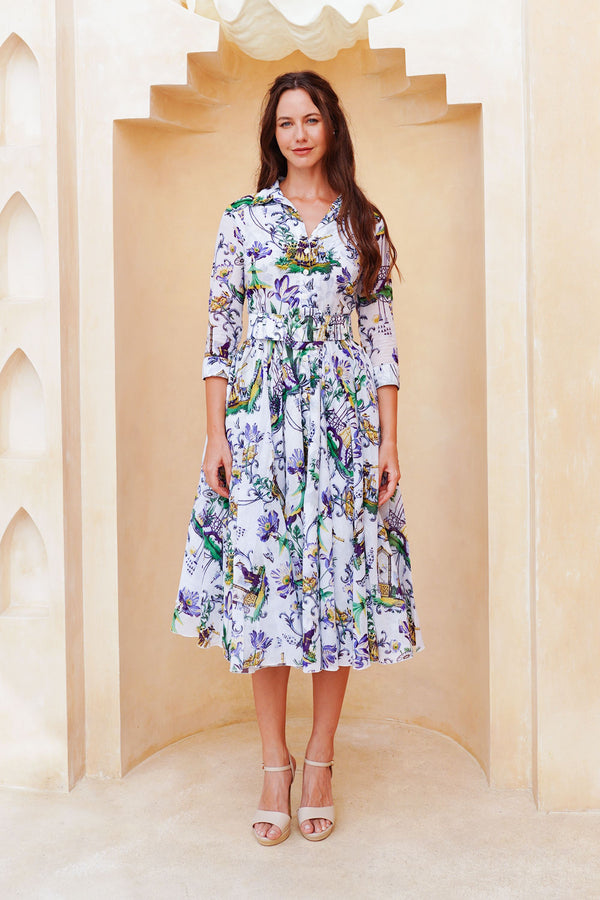 Aster Dress Shirt Collar 3/4 Sleeve Midi Length Cotton Musola (East Moon White)