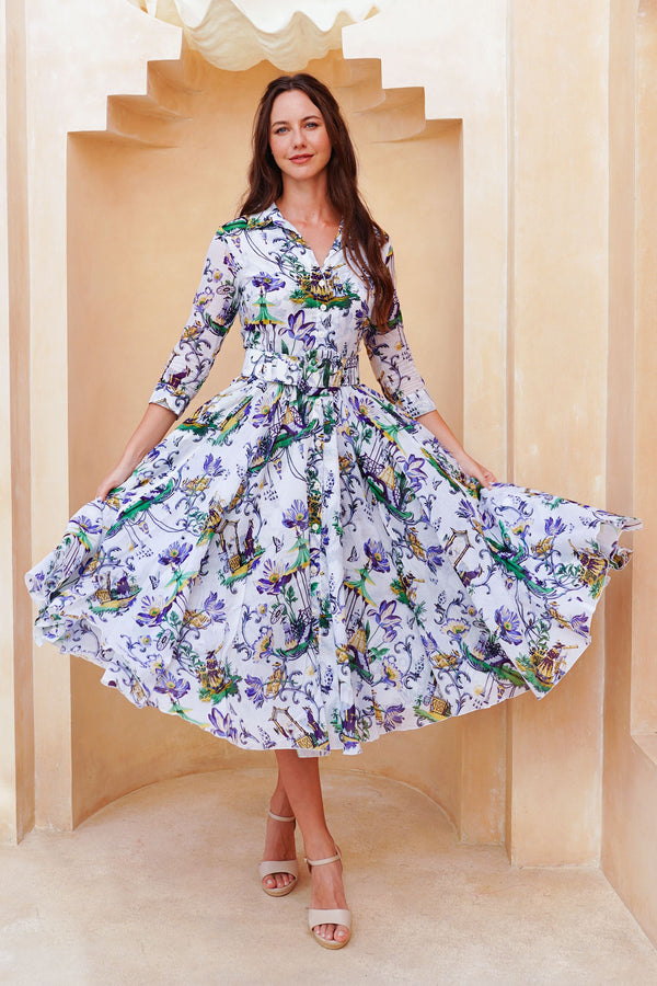 Aster Dress Shirt Collar 3/4 Sleeve Midi Length Cotton Musola (East Moon White)