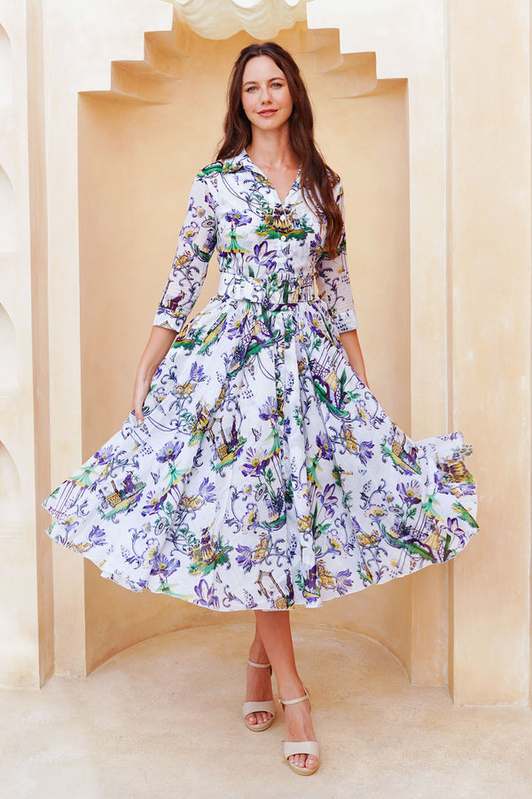 Aster Dress Shirt Collar 3/4 Sleeve Midi Length Cotton Musola (East Moon White)