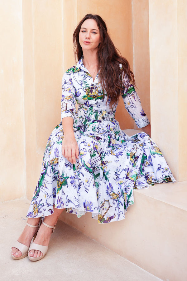 Aster Dress Shirt Collar 3/4 Sleeve Midi Length Cotton Musola (East Moon White)