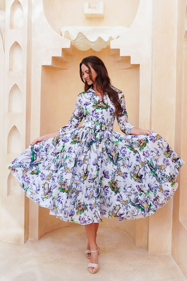 Aster Dress Shirt Collar 3/4 Sleeve Midi Length Cotton Musola (East Moon White)