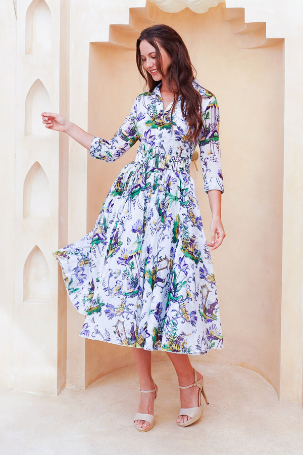 Aster Dress Shirt Collar 3/4 Sleeve Midi Length Cotton Musola (East Moon White)