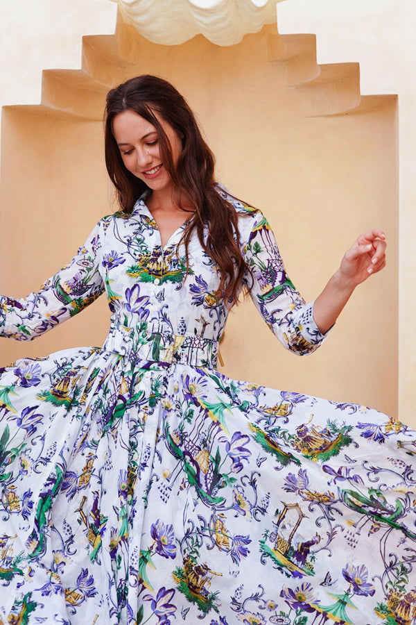 Aster Dress Shirt Collar 3/4 Sleeve Midi Length Cotton Musola (East Moon White)