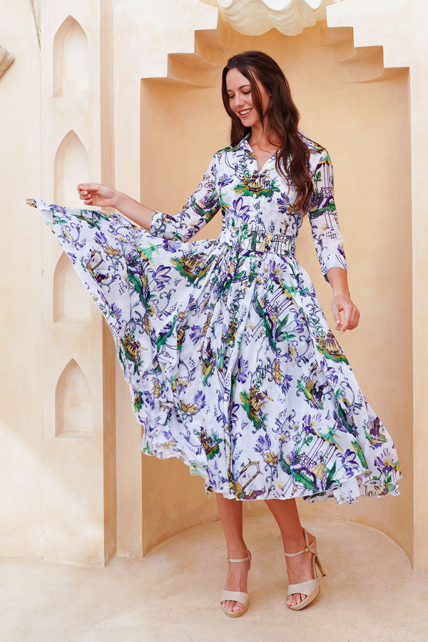 Aster Dress Shirt Collar 3/4 Sleeve Midi Length Cotton Musola (East Moon White)