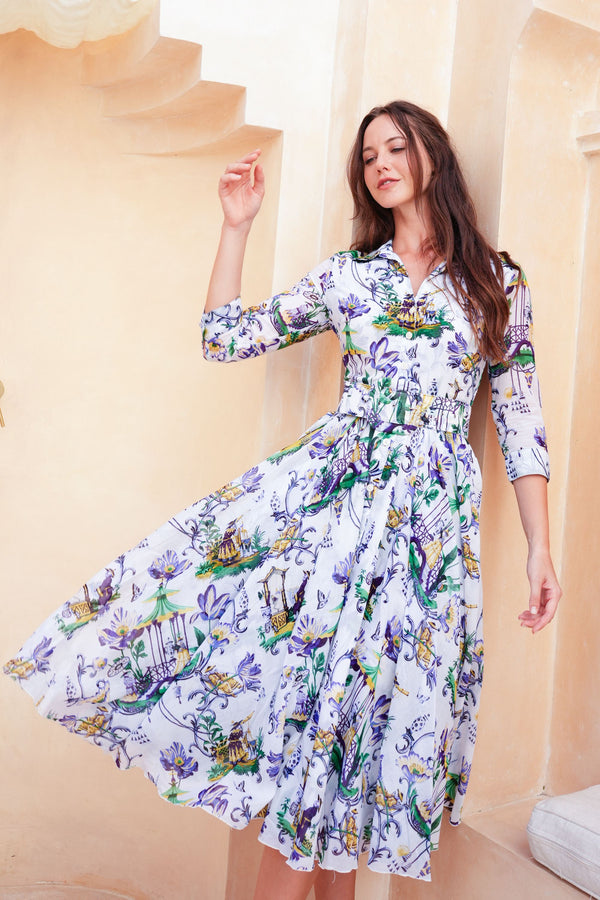 Aster Dress Shirt Collar 3/4 Sleeve Midi Length Cotton Musola (East Moon White)