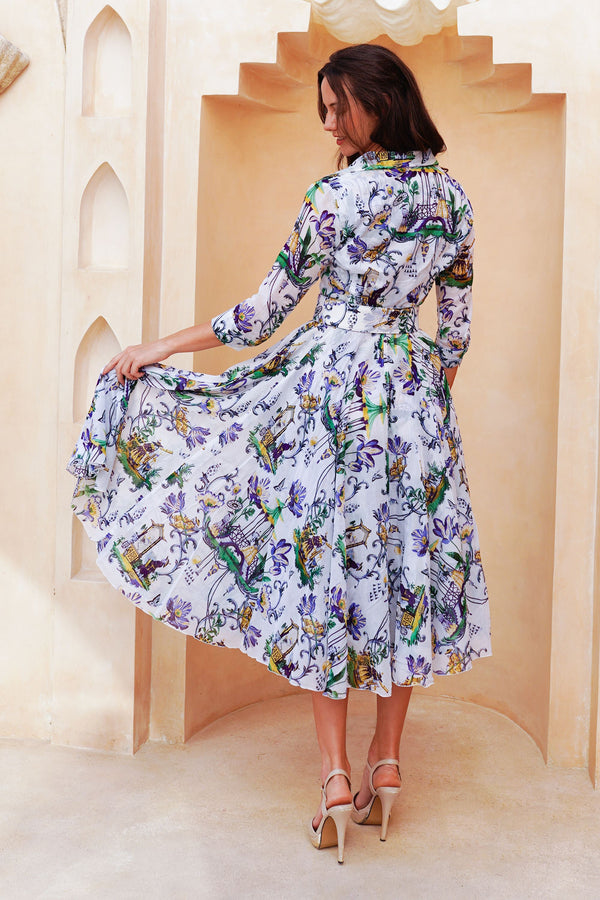 Aster Dress Shirt Collar 3/4 Sleeve Midi Length Cotton Musola (East Moon White)