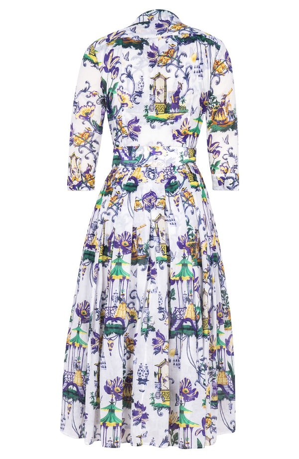 Audrey Dress #4 Shirt Collar 3/4 Sleeve Midi Length Cotton Musola (East Moon White)