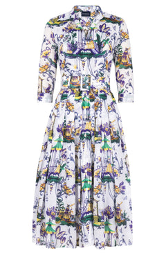 Audrey Dress #4 Shirt Collar 3/4 Sleeve Midi Length Cotton Musola (East Moon White)