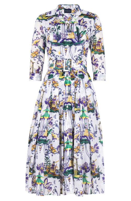 Audrey Dress #4 Shirt Collar 3/4 Sleeve Midi Length Cotton Musola (East Moon White)