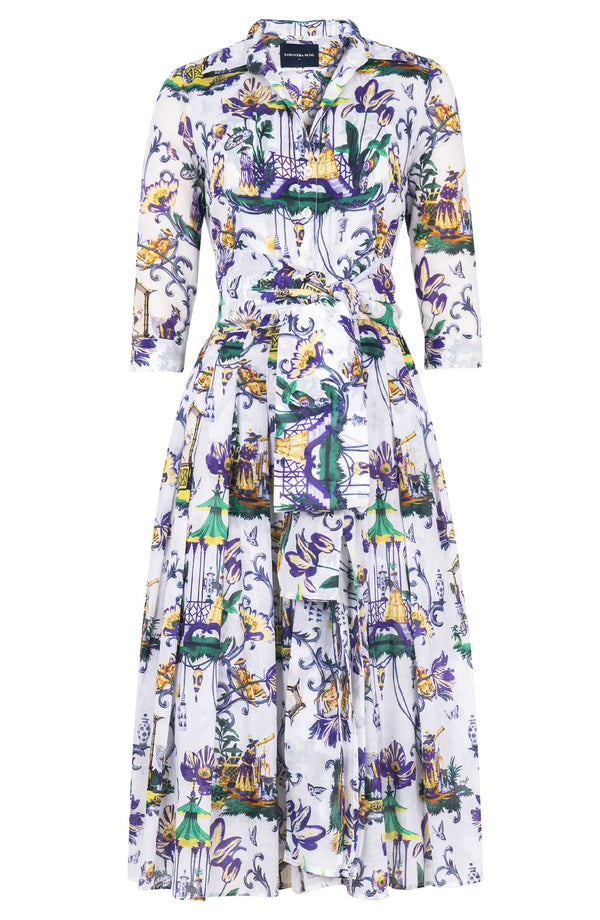 Audrey Dress #4 Shirt Collar 3/4 Sleeve Midi Length Cotton Musola (East Moon White)