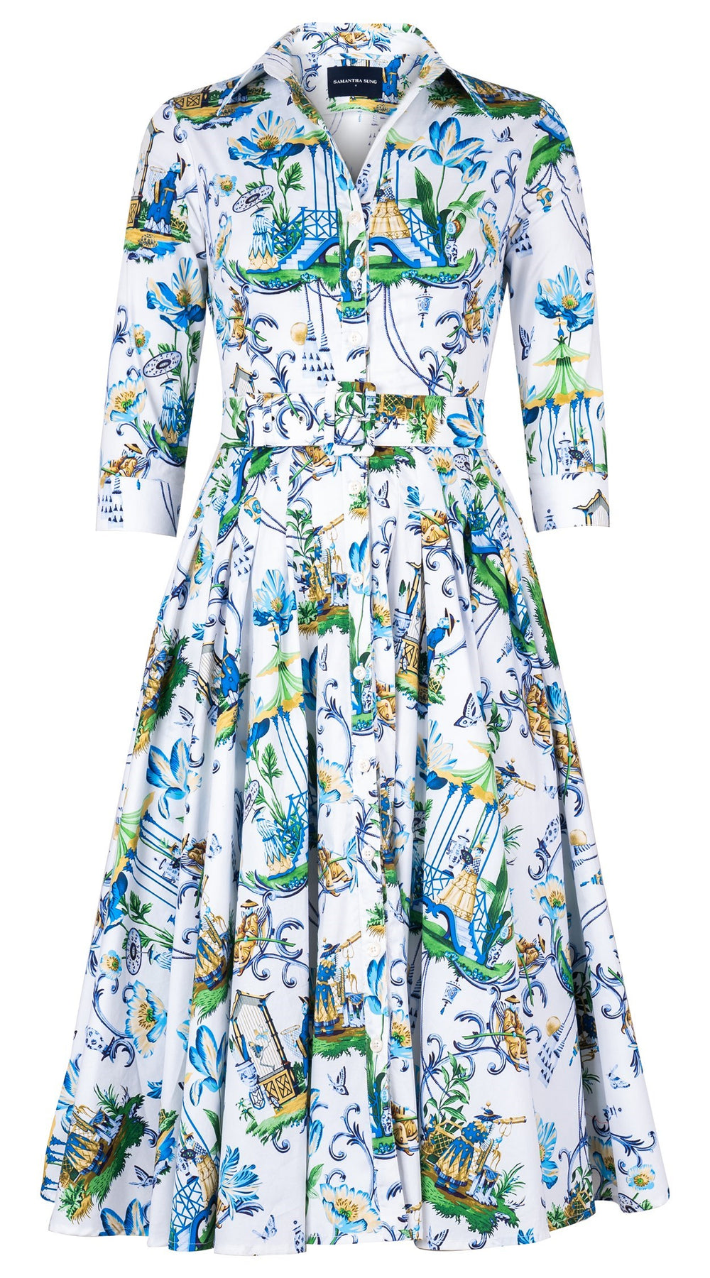 Amber Dress Shirt Collar 3/4 Sleeve Midi Length Cotton Stretch (East Moon White)