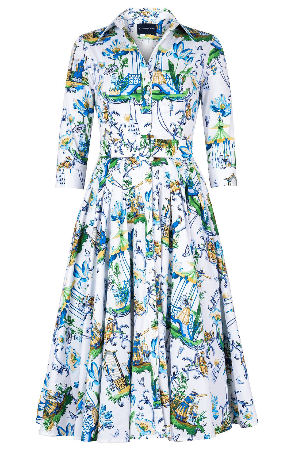 Amber Dress Shirt Collar 3/4 Sleeve Midi Length Cotton Stretch (East Moon White)