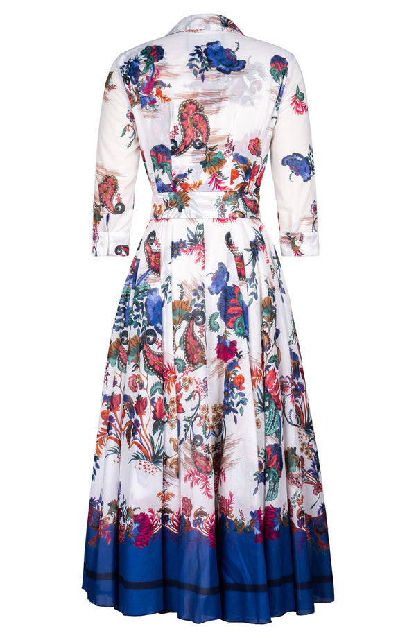 Aster Dress Shirt Collar 3/4 Sleeve Midi Plus Length Cotton Musola (Eastern Paisley Flower)