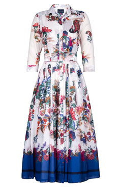 Aster Dress Shirt Collar 3/4 Sleeve Midi Plus Length Cotton Musola (Eastern Paisley Flower)