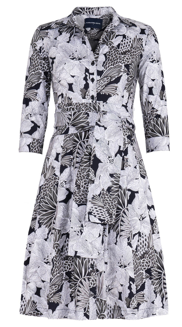 Audrey Dress #3 Shirt Collar 3/4 Sleeve Regular Length Cotton Stretch (Eching Magnolia)