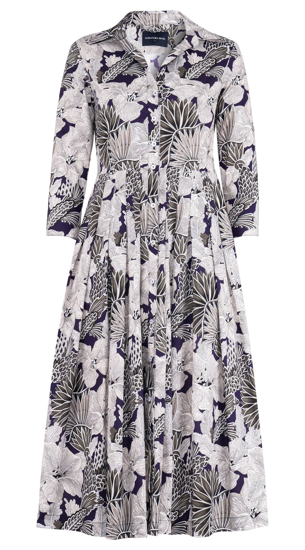 Audrey Dress #2 Shirt Collar 3/4 Sleeve Long Length Cotton Stretch (Eching Magnolia)