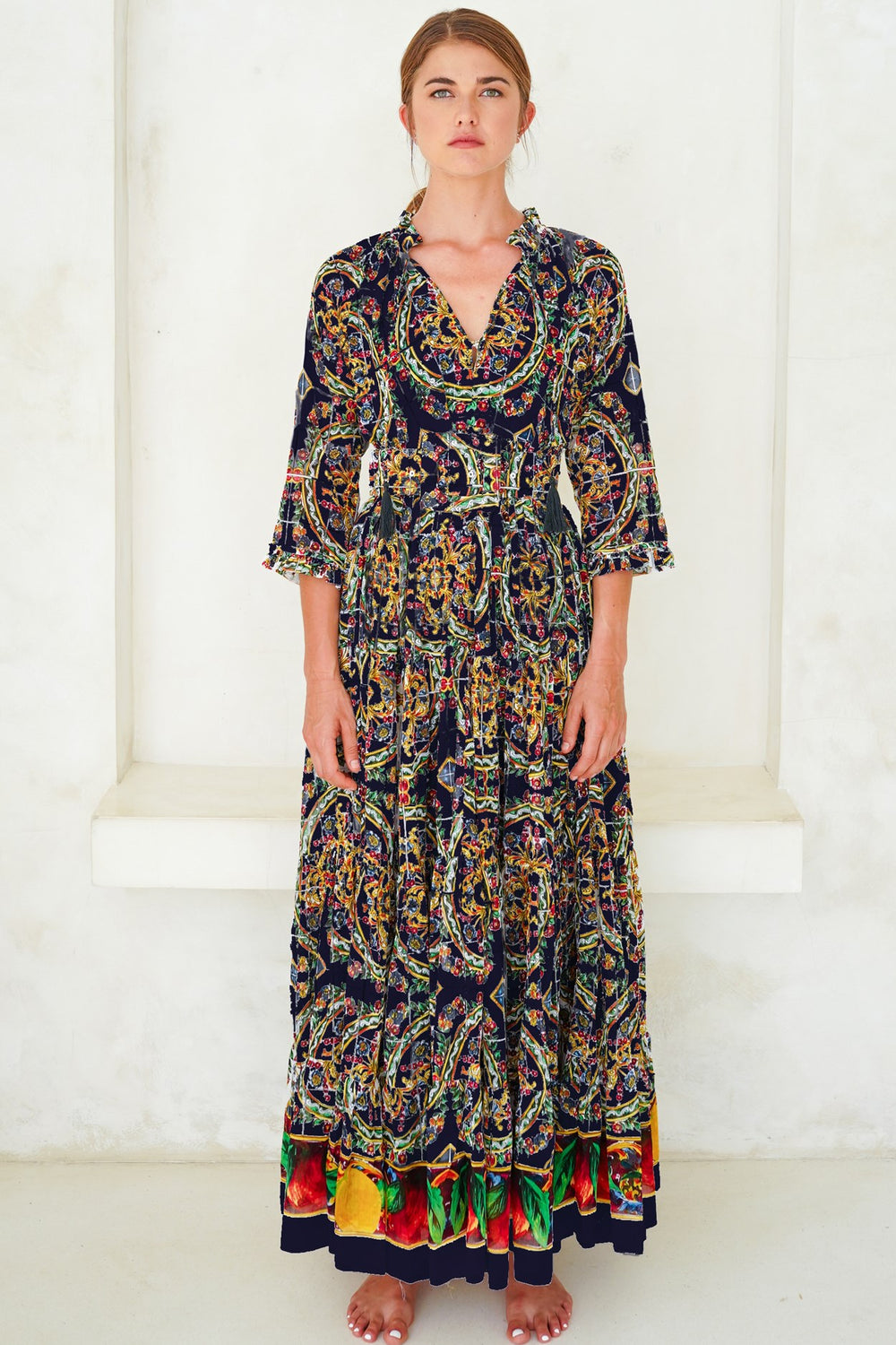 Eden Dress Crew Neck 3/4 Sleeve with Hamilton Belt Maxi Length Cotton Musola (Santorini Tile)