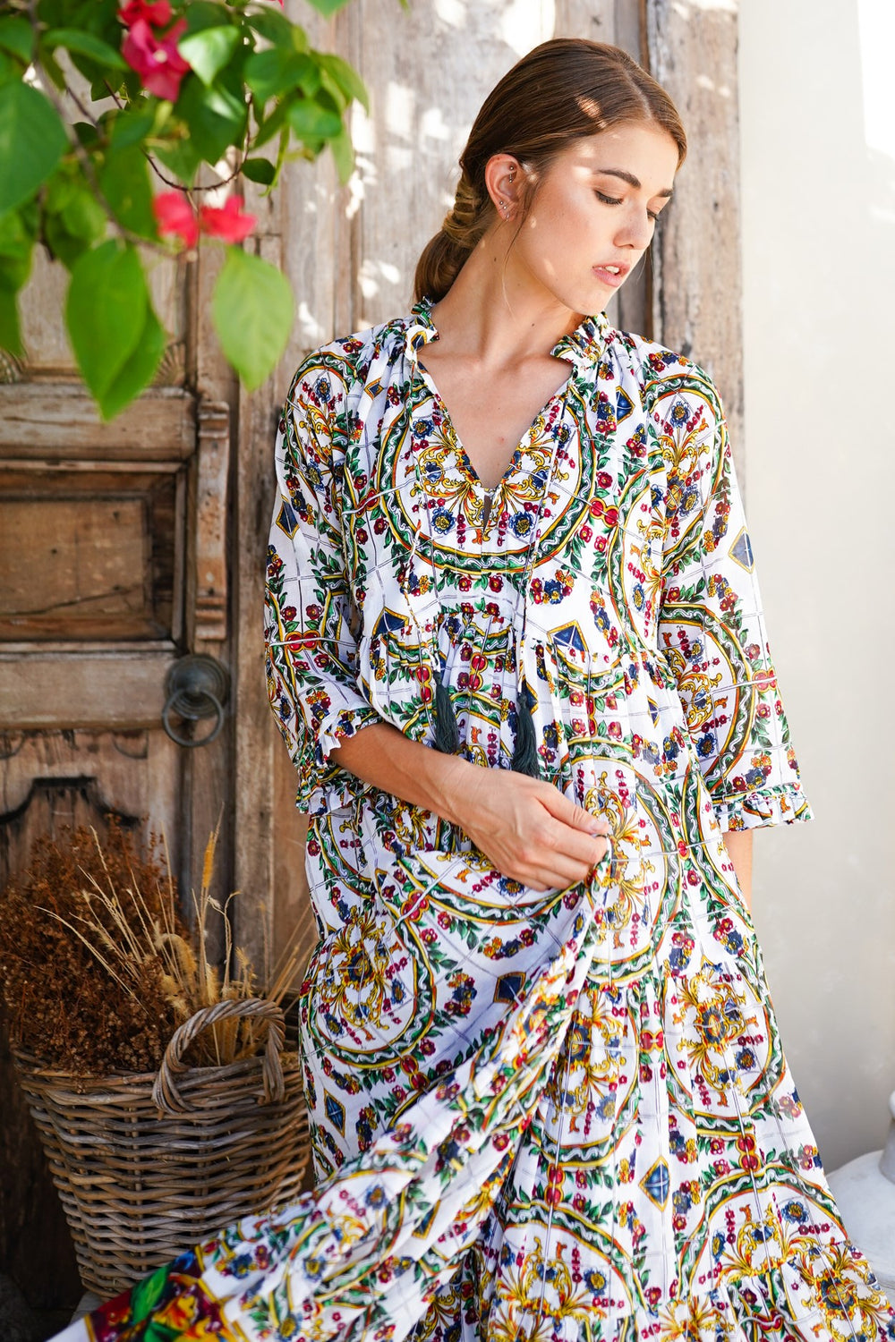 Eden Dress Crew Neck 3/4 Sleeve with Hamilton Belt Maxi Length Cotton Musola (Santorini Tile)