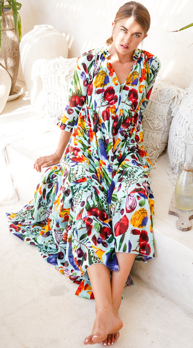 Eden Dress Crew Neck 3/4 Sleeve with Hamilton Belt Maxi  Length Cotton Musola (Watercolor Fruits)