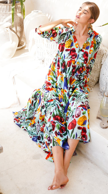 Eden Dress Crew Neck 3/4 Sleeve with Hamilton Belt Maxi  Length Cotton Musola (Watercolor Fruits)