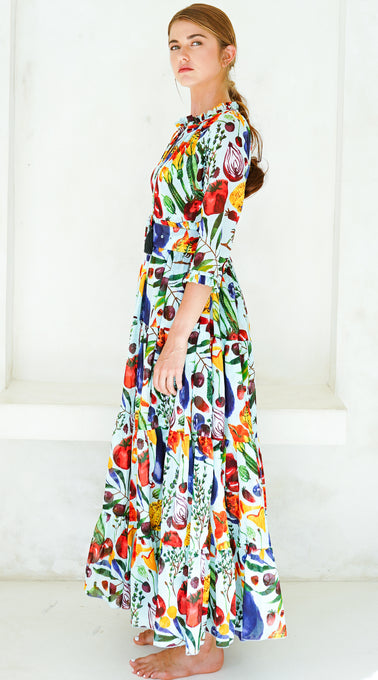 Eden Dress Crew Neck 3/4 Sleeve with Hamilton Belt Maxi  Length Cotton Musola (Watercolor Fruits)